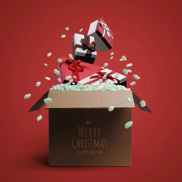 Hermosos Regalos Navidad Que Salen Una Caja Entrega Deseos Navidad — Foto de Stock