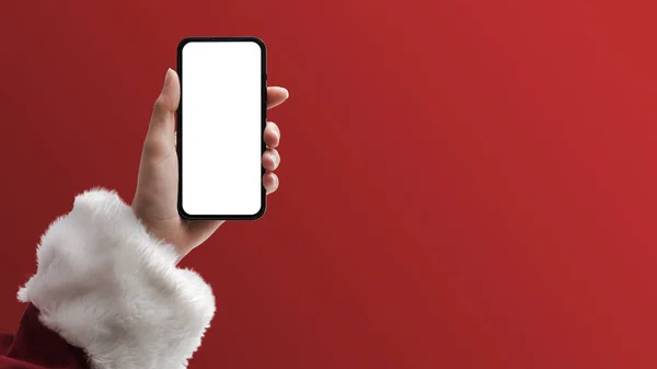 Santa Claus Sostiene Smartphone Con Pantalla Blanco Deseos Navideños Concepto — Foto de Stock