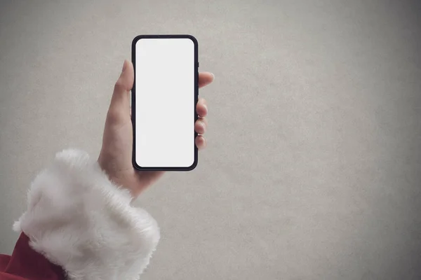 Papai Noel Segurando Smartphone Com Tela Branco Desejos Natal Conceito — Fotografia de Stock