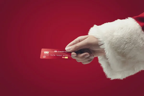 Kerstman Betalen Met Een Creditcard Voor Kerstinkopen Cashless Betalingen Concept — Stockfoto