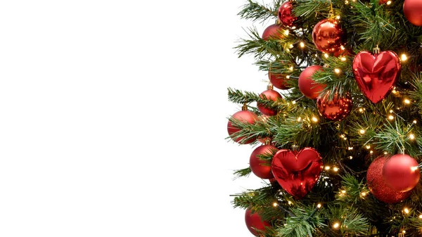 Decorated Christmas Tree Red Baubles Close Blank Copy Space White — Stock Photo, Image