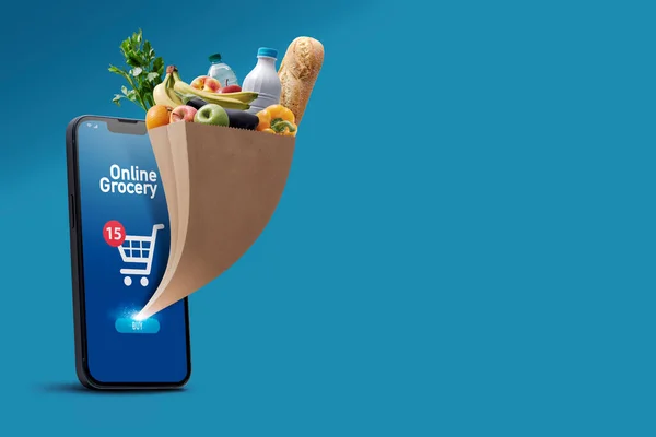 Online Grocery App Smartphone Full Grocery Bag Coming Out Smartphone — Stock Photo, Image