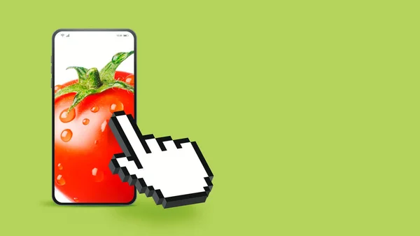 按键点击智能手机屏幕上的新鲜蔬菜 在线杂货店应用程序 — 图库照片