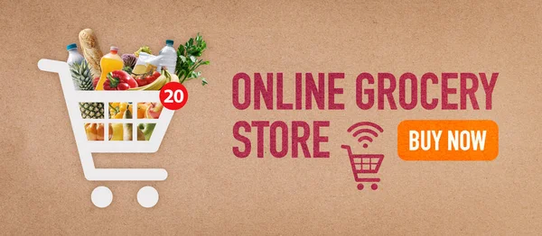 Online grocery shopping app banner: shopping cart icon full of groceries and copy space