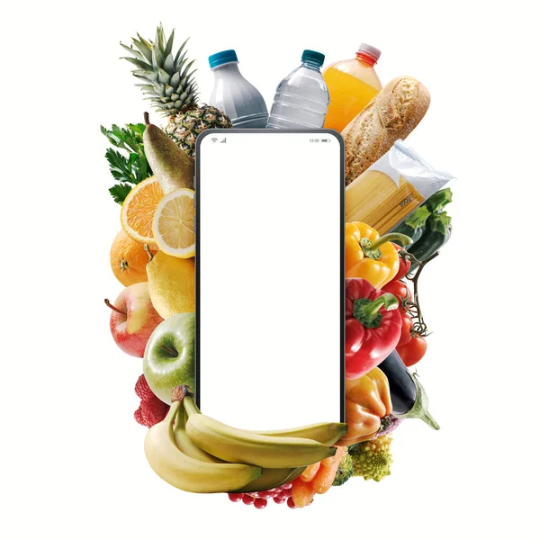 Smartphone Con Schermo Bianco Generi Alimentari Freschi App Spesa Online — Foto Stock