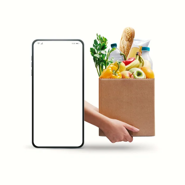 Online Grocery Delivery Service Smartphone Blank Screen Hands Holding Box — Stock Photo, Image