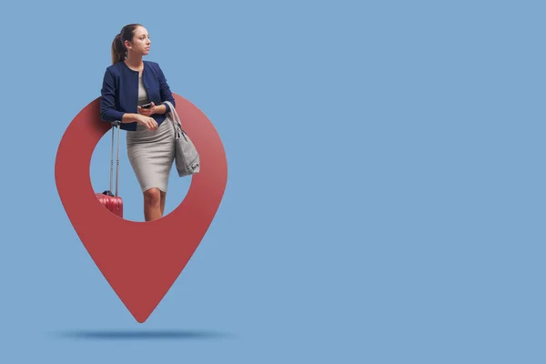 Podróżująca Kobieta Biznesu Gps Pin Podróży Podróży Służbowej Koncepcji Podróży — Zdjęcie stockowe