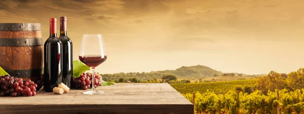 Rotweinflaschen Weinglas Fass Trauben Und Weinberg Hintergrund Weinherstellung Und Weinprobe — Stockfoto