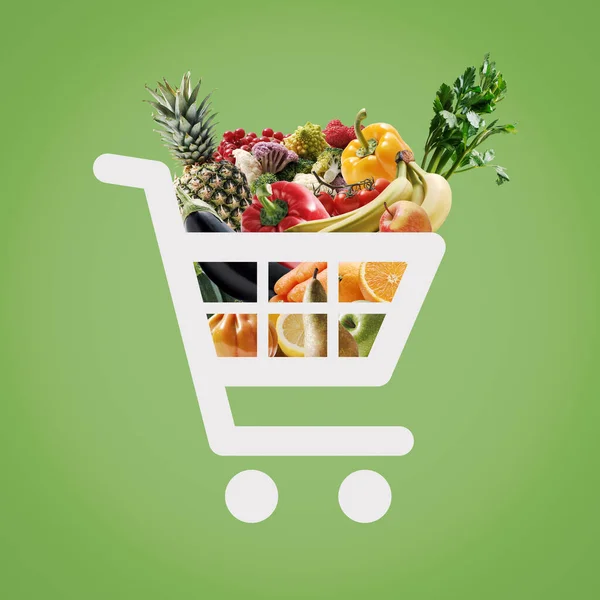 新鮮な食料品でいっぱいのショッピングカートのアイコン オンライン食料品のショッピングコンセプト — ストック写真