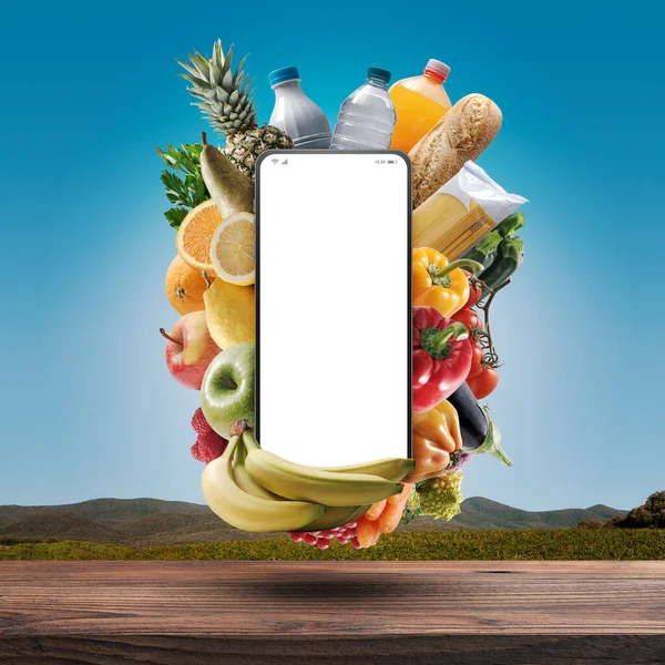 Smartphone Con Schermo Bianco Generi Alimentari Freschi App Spesa Online — Foto Stock
