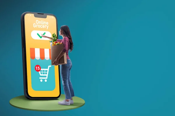 Bakkal Poşeti Tutan Internetten Alışveriş Yapan Bir Kadın Mobil Uygulama — Stok fotoğraf