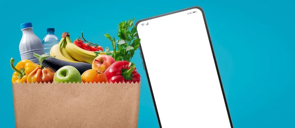 Full Grocery Bag Smartphone Blank Screen Online Grocery Shopping App — Stock Photo, Image