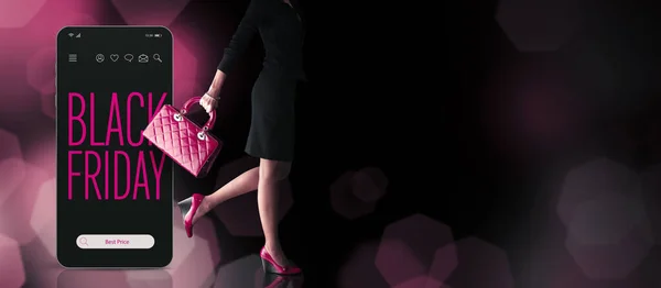 Akıllı Telefon Uygulamasında Kara Cuma Reklamı Çanta Yüksek Topuklu Ayakkabılı — Stok fotoğraf