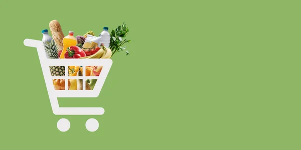 Warenkorb Ikone Voller Frischer Lebensmittel Online Lebensmitteleinkaufskonzept — Stockfoto
