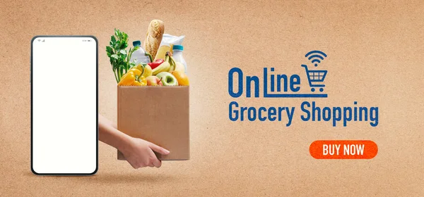 Online Élelmiszer Kiszállítási Szolgáltatás Okostelefon Üres Képernyővel Kézzel Doboznyi Friss — Stock Fotó