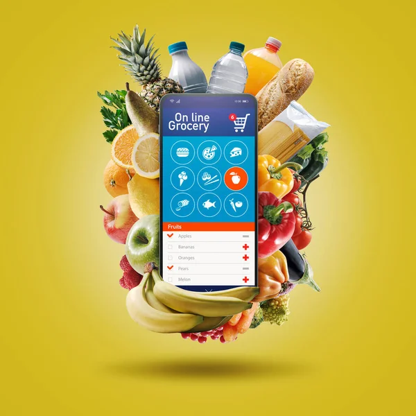 Online Grocery Shopping App Shopping List Smartphone Fresh Groceries — Stock Photo, Image