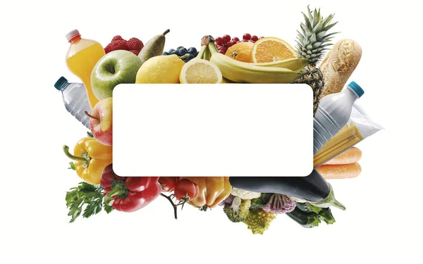 Wit Bord Met Kopieerruimte Regeling Van Verse Boodschappen Supermarkt Verkoop — Stockfoto