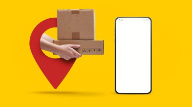 Kurye, boş ekran, ekspres dağıtım hizmeti ve mobil uygulama kavramına sahip bir GPS pin ve akıllı telefonla paketleri teslim ediyor.