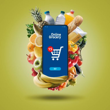 Çevrimiçi market alışverişi uygulaması akıllı telefondan ve arka planda taze bakkaliye.