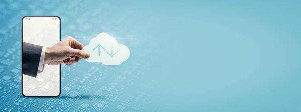 Smartphone Businessman Holding Cloud Arrows Cloud Computing Data Storage Concept — Stock Photo, Image