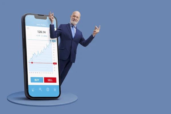 Successful Businessman Snapping Fingers Making Money Online Trading Financial App — Stock Photo, Image
