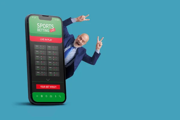 Cheerful Winning Man Online Sports Betting Games Smartphone Copy Space — Stock Photo, Image
