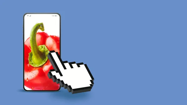 Kézi Kurzor Kattintva Friss Zöldségek Okostelefon Képernyőn Online Élelmiszerbolt App — Stock Fotó