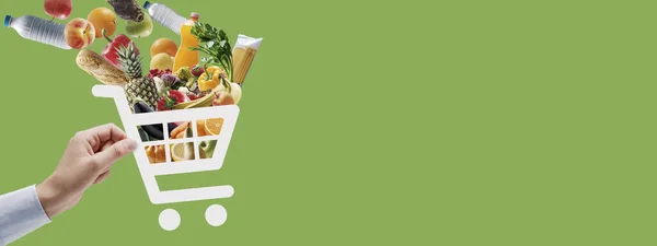Der Hand Ein Einkaufswagen Symbol Voller Frischer Lebensmittel Online Einkaufs — Stockfoto
