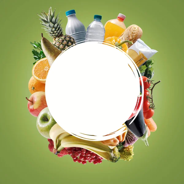 Verse Boodschappen Gerangschikt Een Cirkel Kopieer Ruimte Boodschappen Doen Voeding — Stockfoto