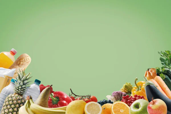 Sortimento Mantimentos Frescos Alimentos Espaço Cópia Branco Compras Conceito Alimentação — Fotografia de Stock