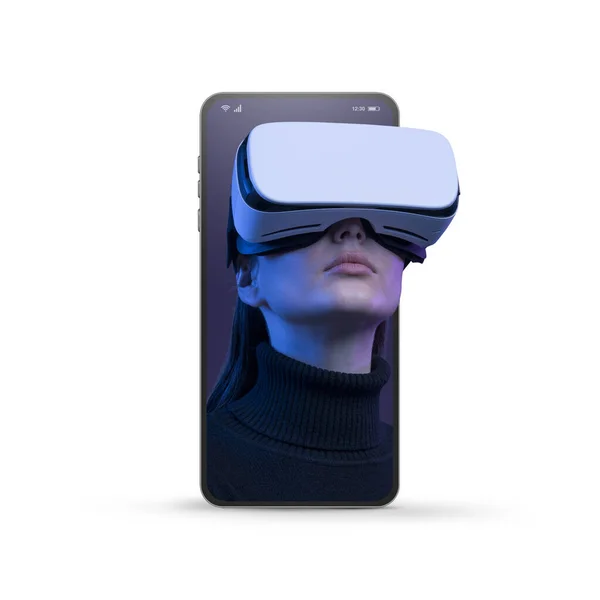 在智能手机屏幕上的年轻女性 戴着Vr耳机 沉浸在虚拟现实中 被白色背景隔离 — 图库照片