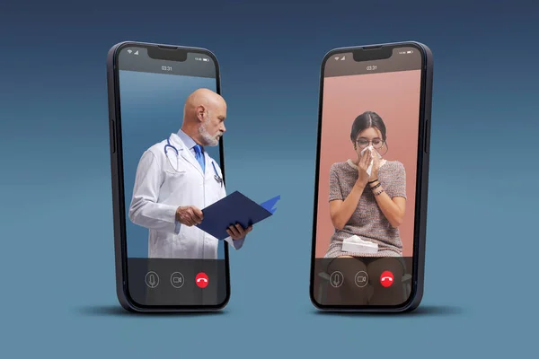 Online doctor taking care of a patient with cold and flu on video call, telemedicine concept