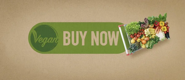 Online grocery shopping and vegan food, shopping cart full of fresh vegetables and fruits, banner with copy space