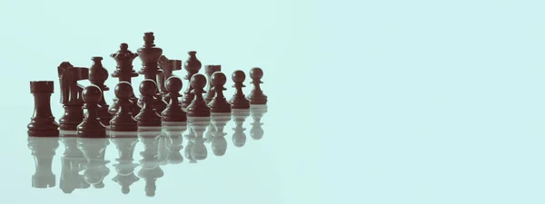 Black Chess Pieces Table Reflection Strategy Games Challenge Concept Banner — Stock Photo, Image