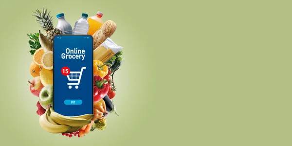App Spesa Online Smartphone Generi Alimentari Freschi Background — Foto Stock