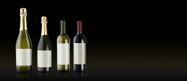 Verzameling Van Luxe Wijnflessen Donkere Achtergrond Wijnproeverij Feest Concept Banner — Stockfoto