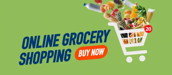 Banner Der Online Einkaufs App Warenkorb Symbol Voller Lebensmittel Und — Stockfoto