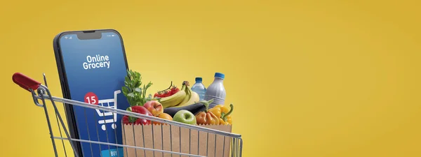 Supermarket Shopping Cart Full Groceries Smartphone Online Grocery Shopping App — Foto Stock