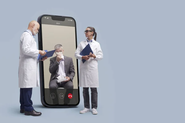 Doctor taking care of a patient with cold and flu on video call, telemedicine concept