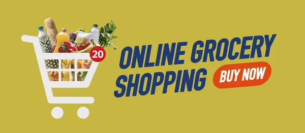 Online Élelmiszerbolt Vásárlási Alkalmazás Banner Bevásárlókosár Ikon Tele Élelmiszerekkel Másolás — Stock Fotó
