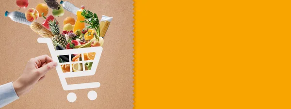 Der Hand Ein Einkaufswagen Symbol Voller Frischer Lebensmittel Online Einkaufs — Stockfoto