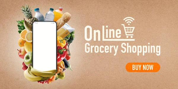 Smartphone Blank Screen Fresh Groceries Online Grocery Shopping Banner — Foto Stock