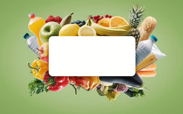Cartello Bianco Con Spazio Copia Disposizione Generi Alimentari Freschi Vendita — Foto Stock