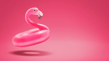 Şirin şişme pembe flamingo ve kopyalama alanı, yaz ve tatil konsepti