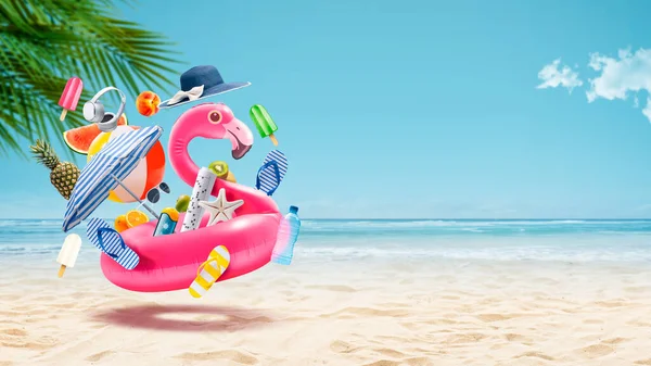 Happy Inflatable Flamingo Going Tropical Beach Surrounded Beach Items Summer — Stock Photo, Image