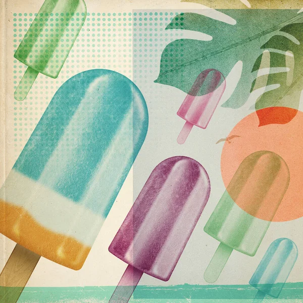 Summer Time Vintage Poster Colorful Popsicles Flying Sky Sea Background — Zdjęcie stockowe