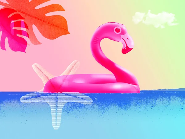 Summer Vacations Collage Pink Flamingo Inflatable Floating Sea — Stock Photo, Image