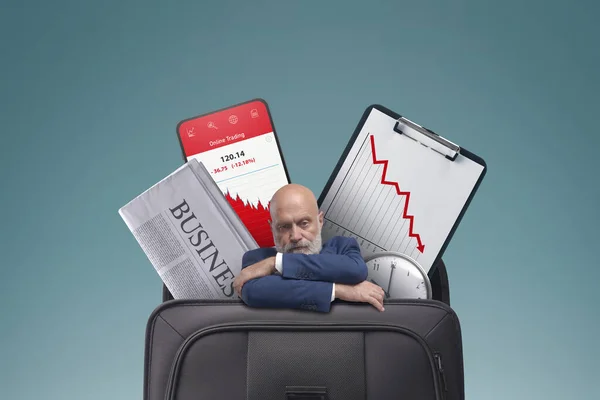Stressed Sad Businessman Financial Graphs Showing Loss Briefcase Financial Failure — Zdjęcie stockowe