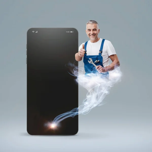 Professional Smiling Repairman Appearing Genie Coming Out Smartphone Hire Professional — Stock Photo, Image