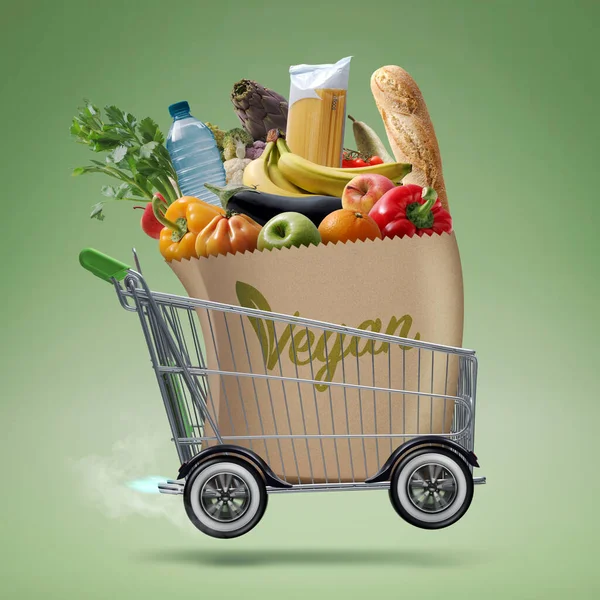 Fast rocket-propelled shopping cart delivering vegan groceries, online grocery shopping concept